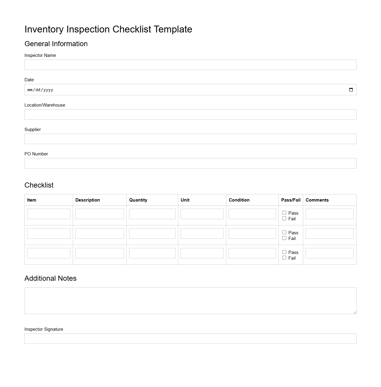 Inventory Inspection Checklist Template for Quality Control