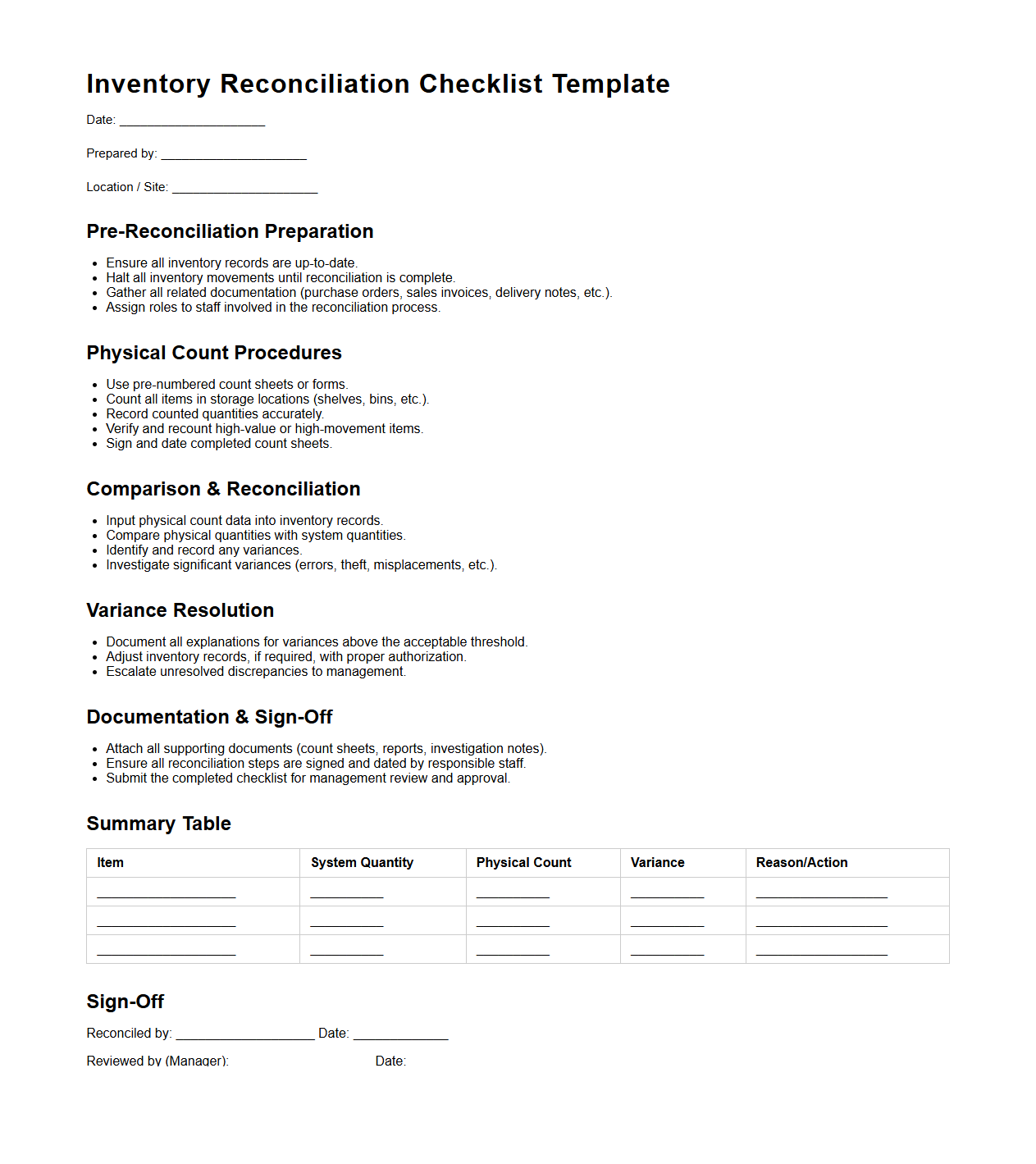 Inventory Reconciliation Checklist Template for Efficient Audits