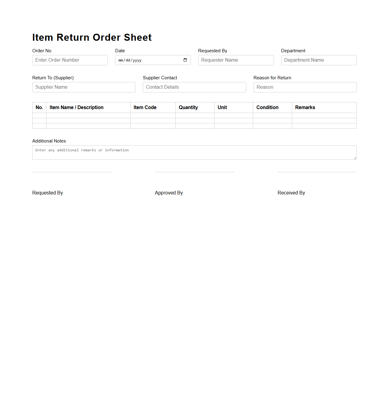 Item Return Order Sheet