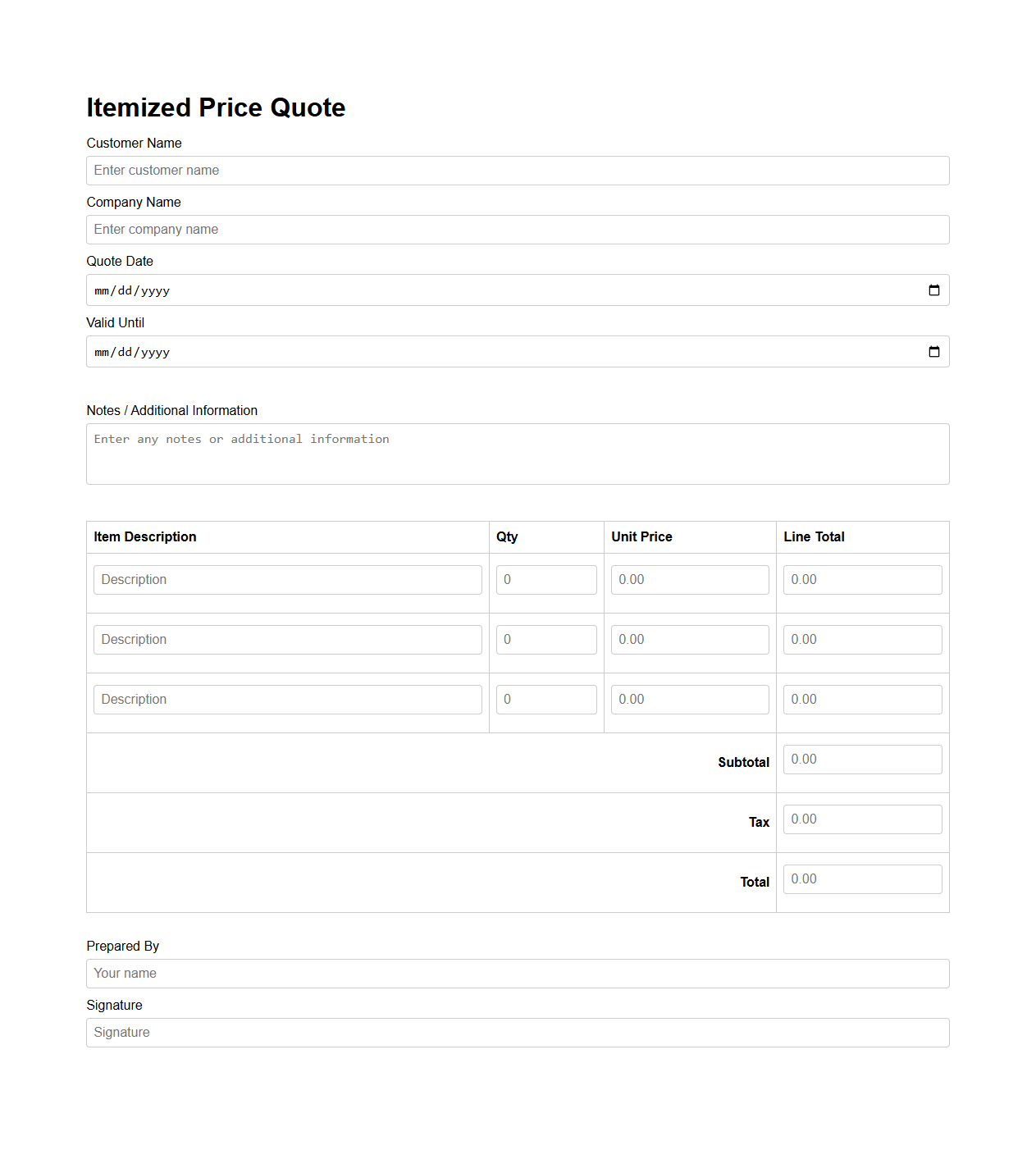 Itemized Price Quote Template for Customer Requests