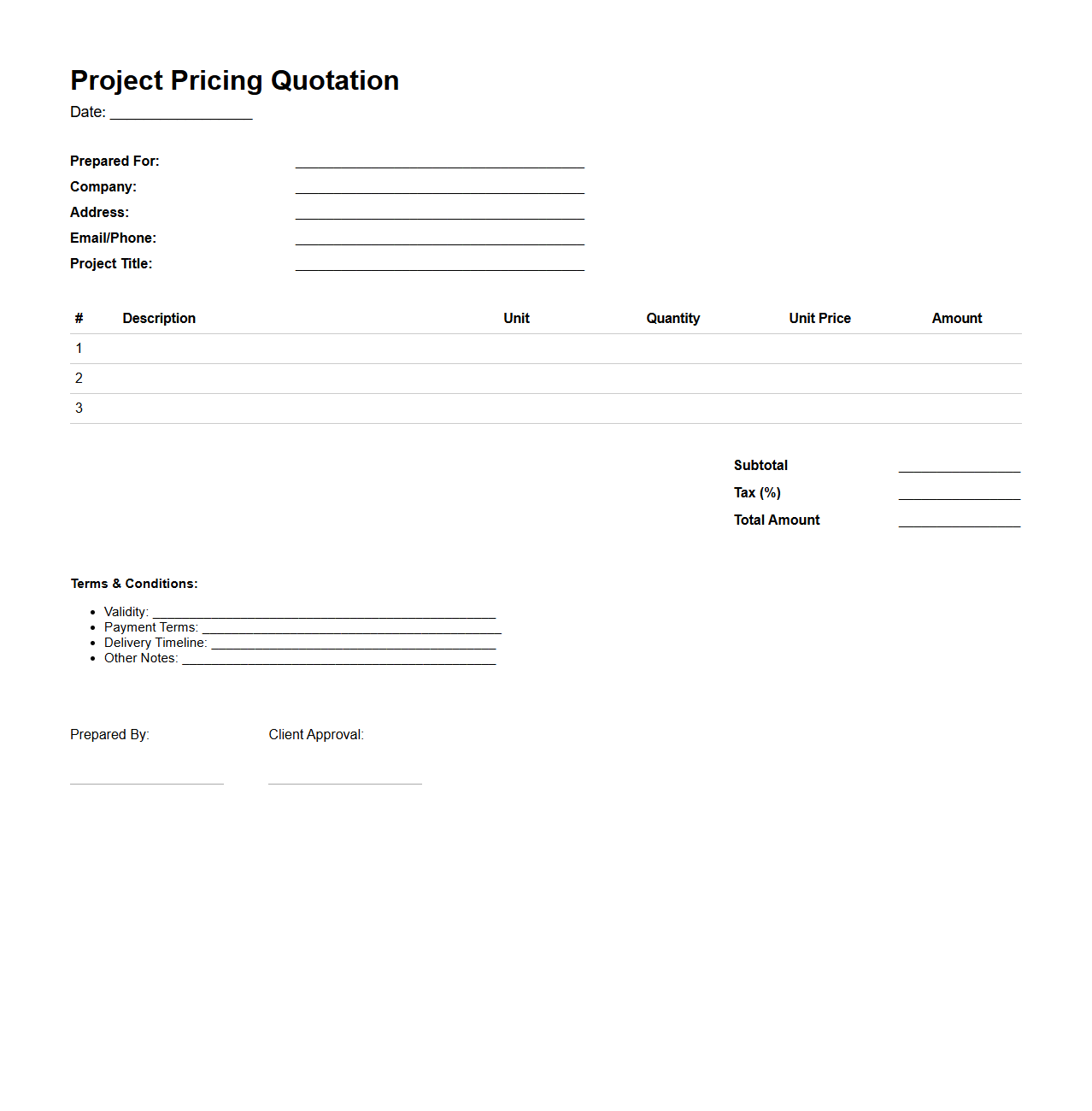 Itemized Project Pricing Quotation Format