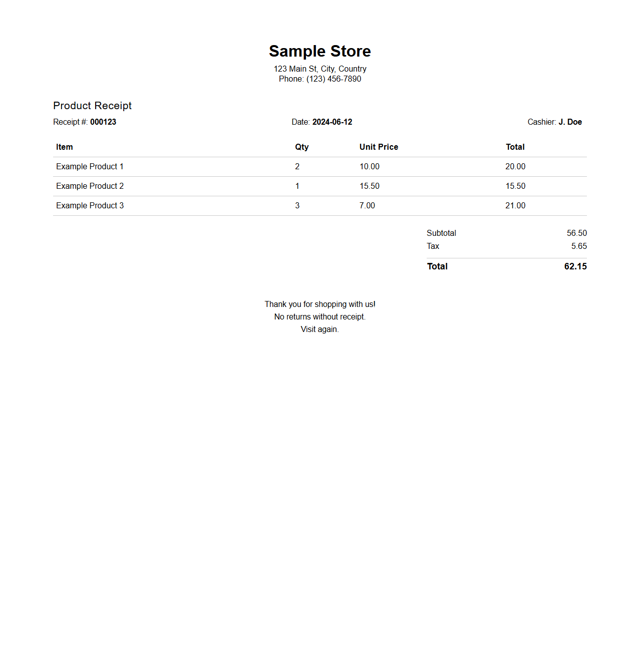 Itemized Store Product Receipt Format