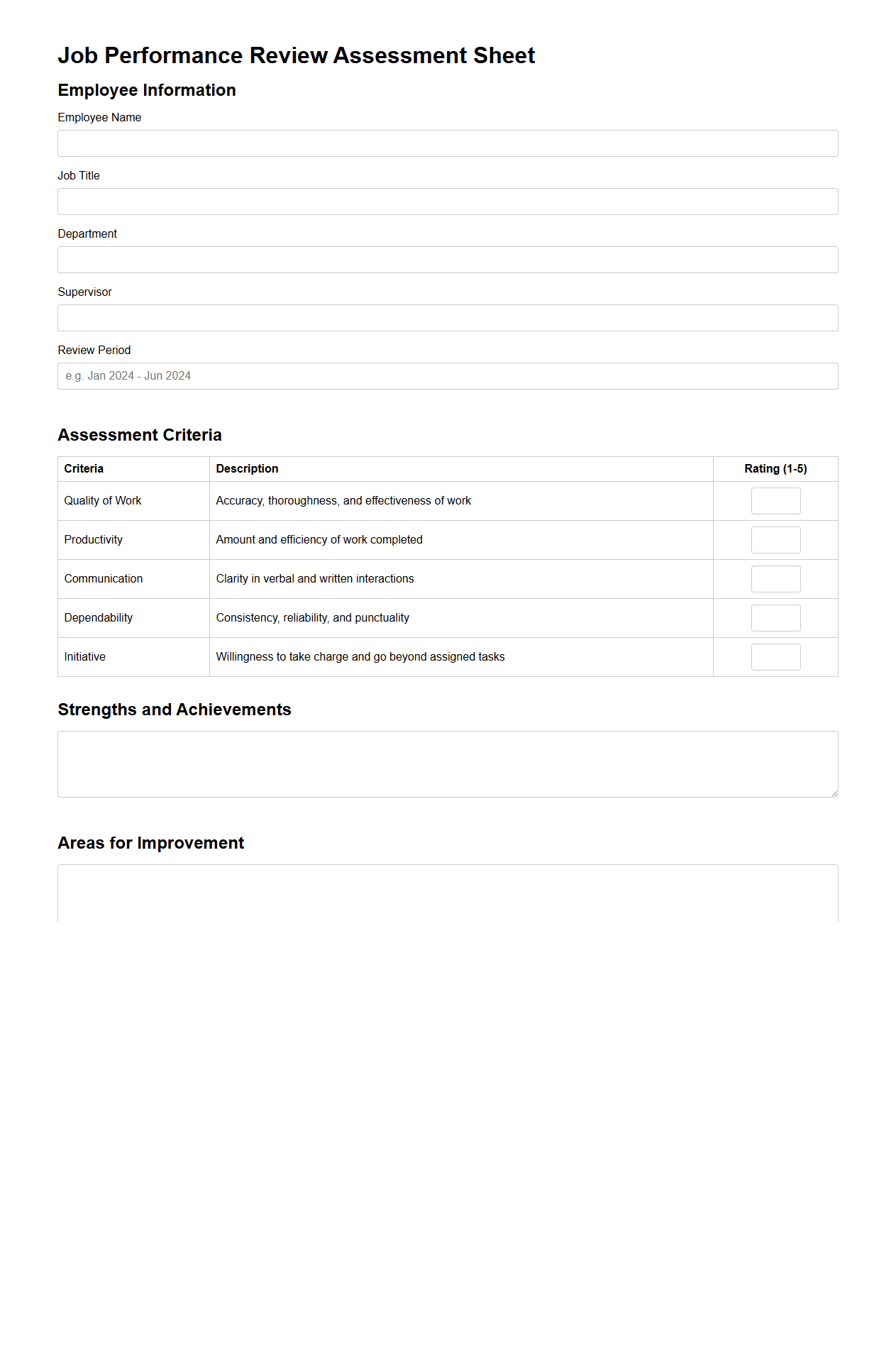 Job Performance Review Assessment Sheet