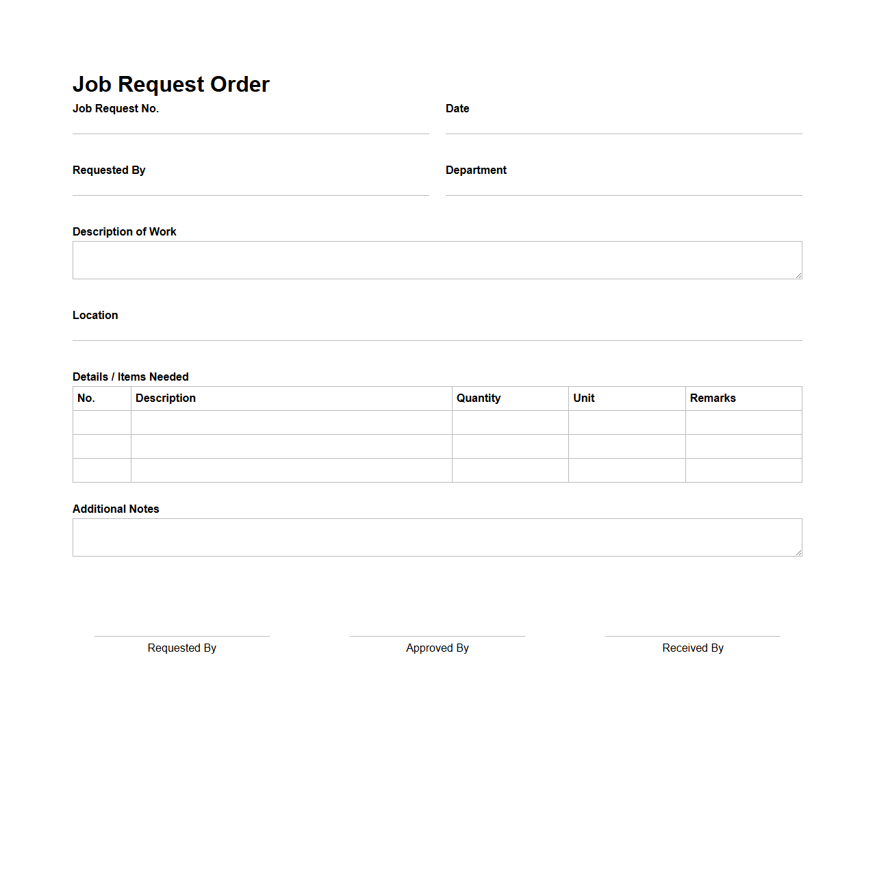 Job Request Order Template