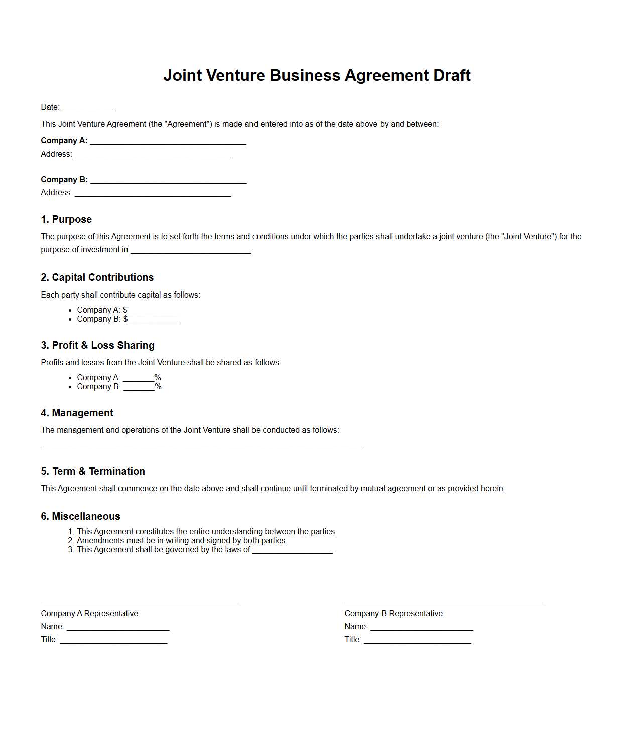 Joint Venture Business Agreement Draft for Investment Deals