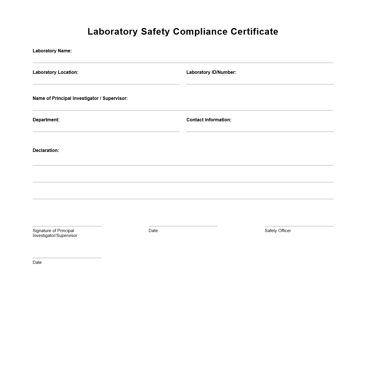 Laboratory Safety Compliance Certificate Template Blank