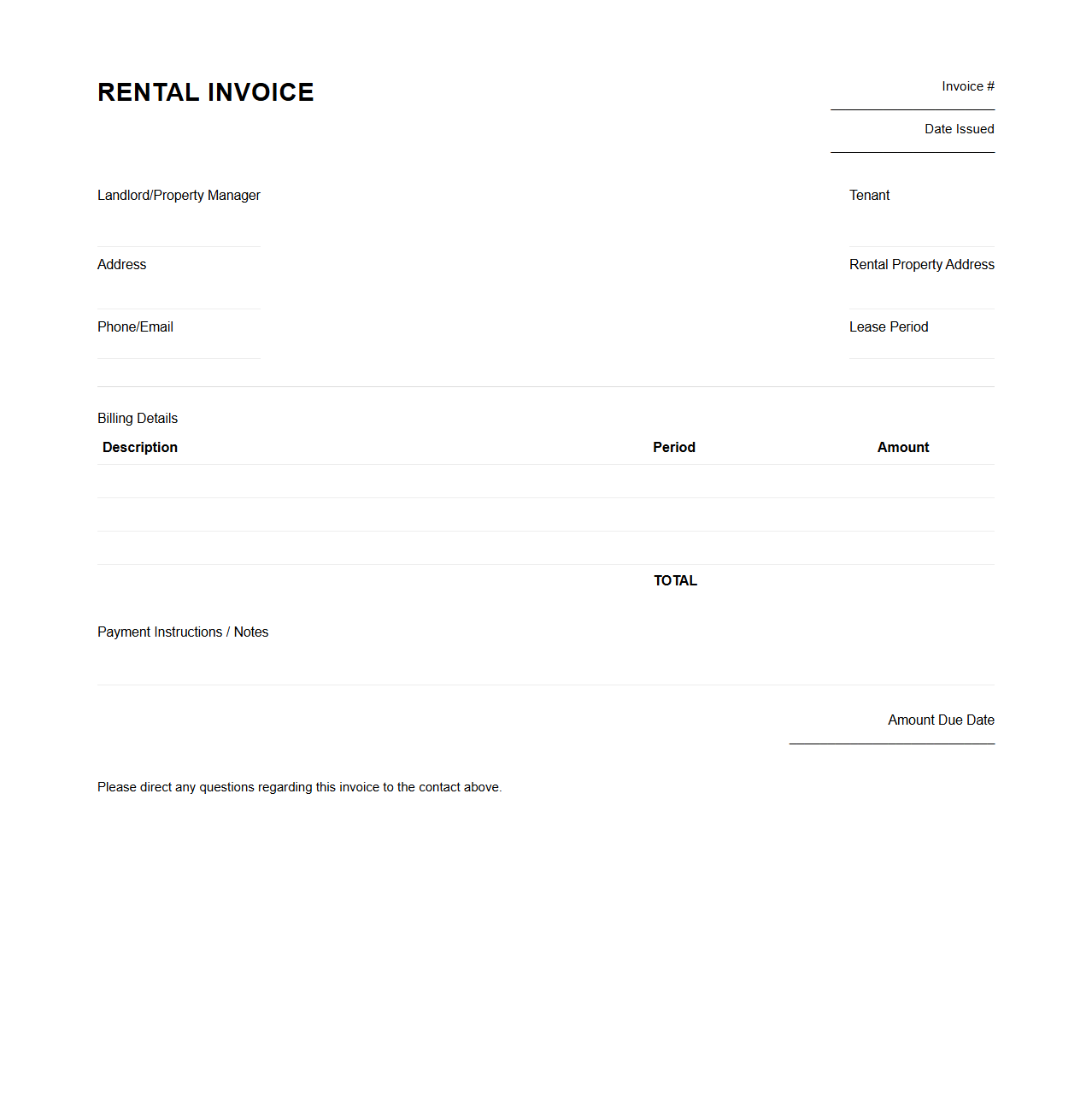 Landlord Rental Billing Invoice Template