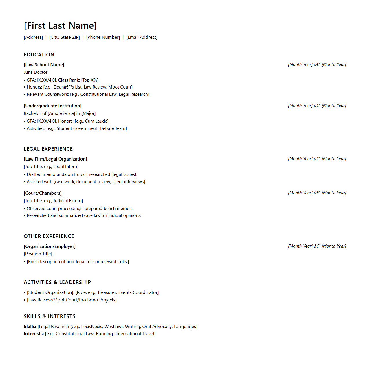 Law Clerk Resume Template for Judicial Internship Applications