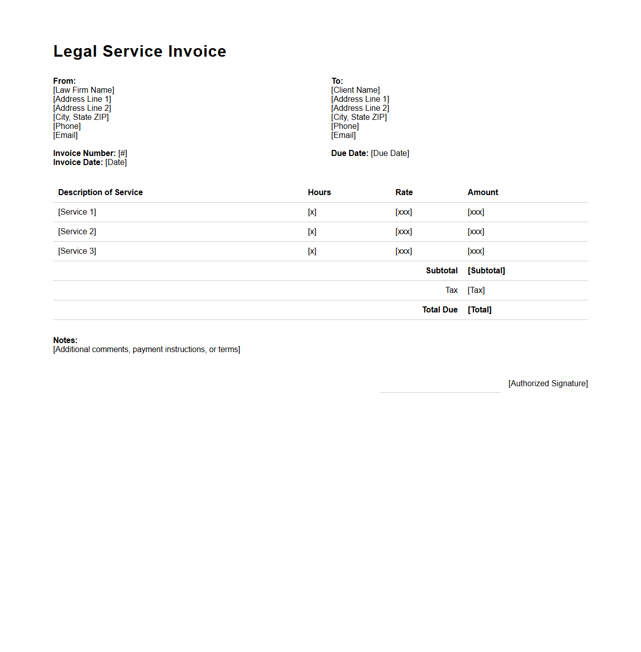 Legal Service Invoice Template