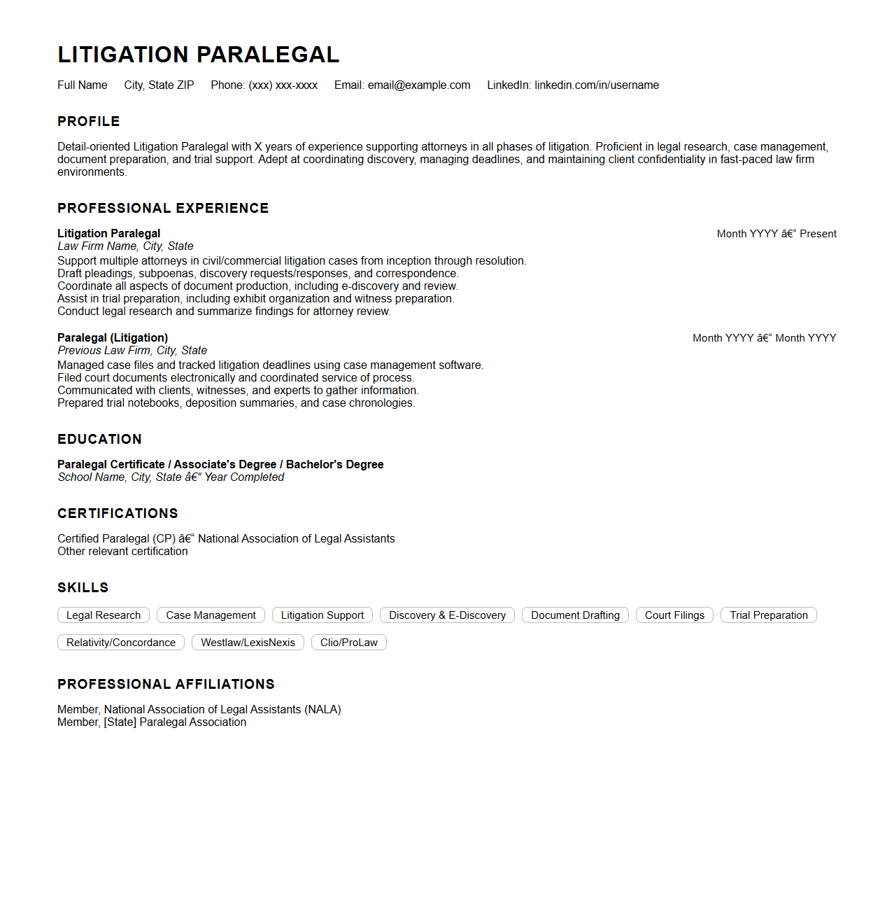 Litigation Paralegal Resume Template for Law Firm Applications