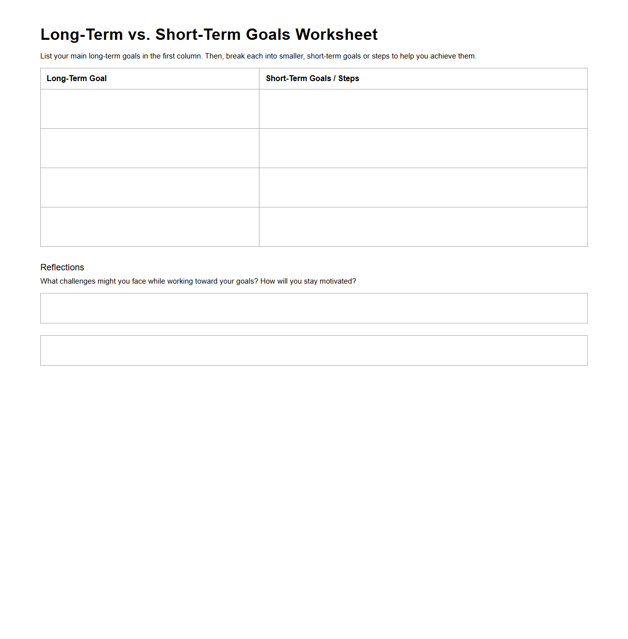 Long-Term vs. Short-Term Goals Worksheet