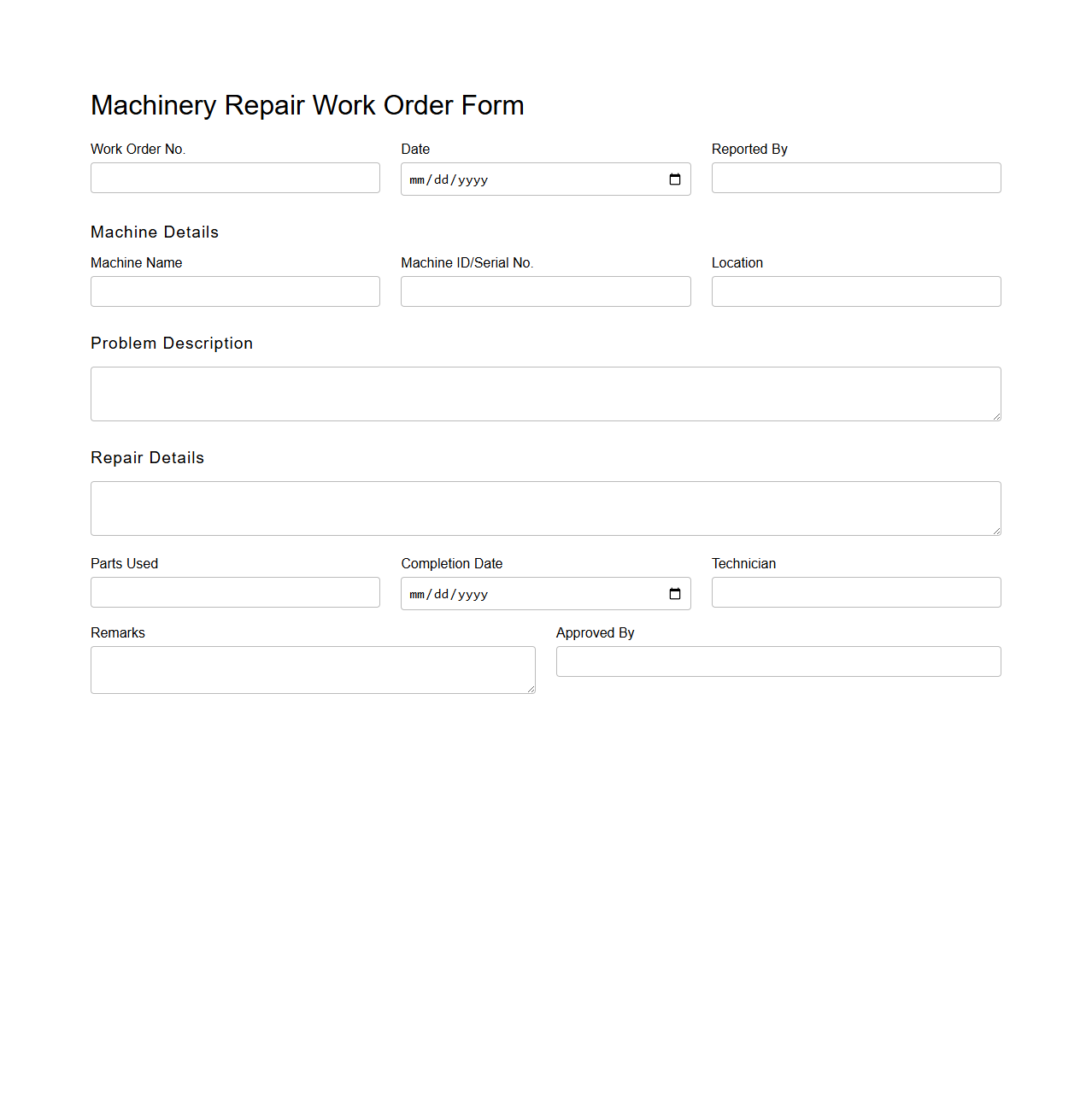 Machinery Repair Work Order Form