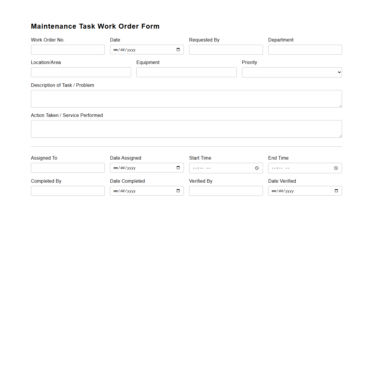 Maintenance Task Work Order Form