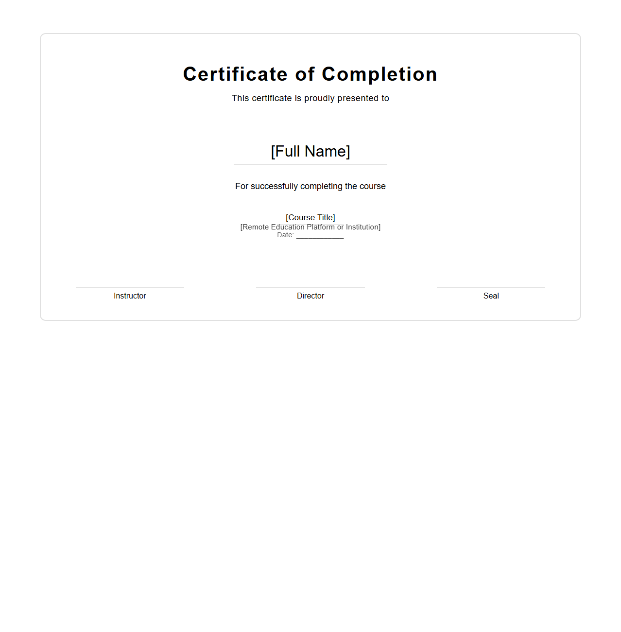 Minimalist Blank Course Certificate for Remote Education