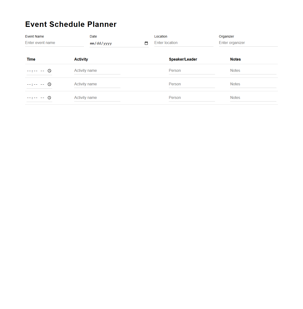 Minimalist Event Schedule Planner Template