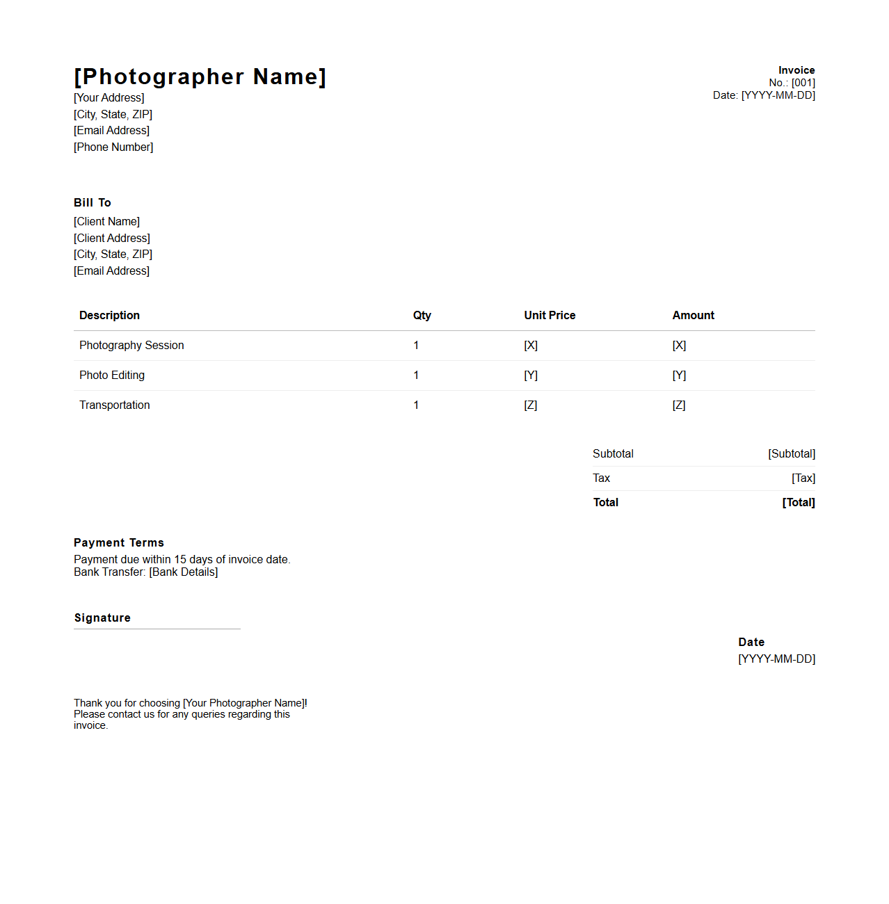 Minimalist Photographer Invoice Template