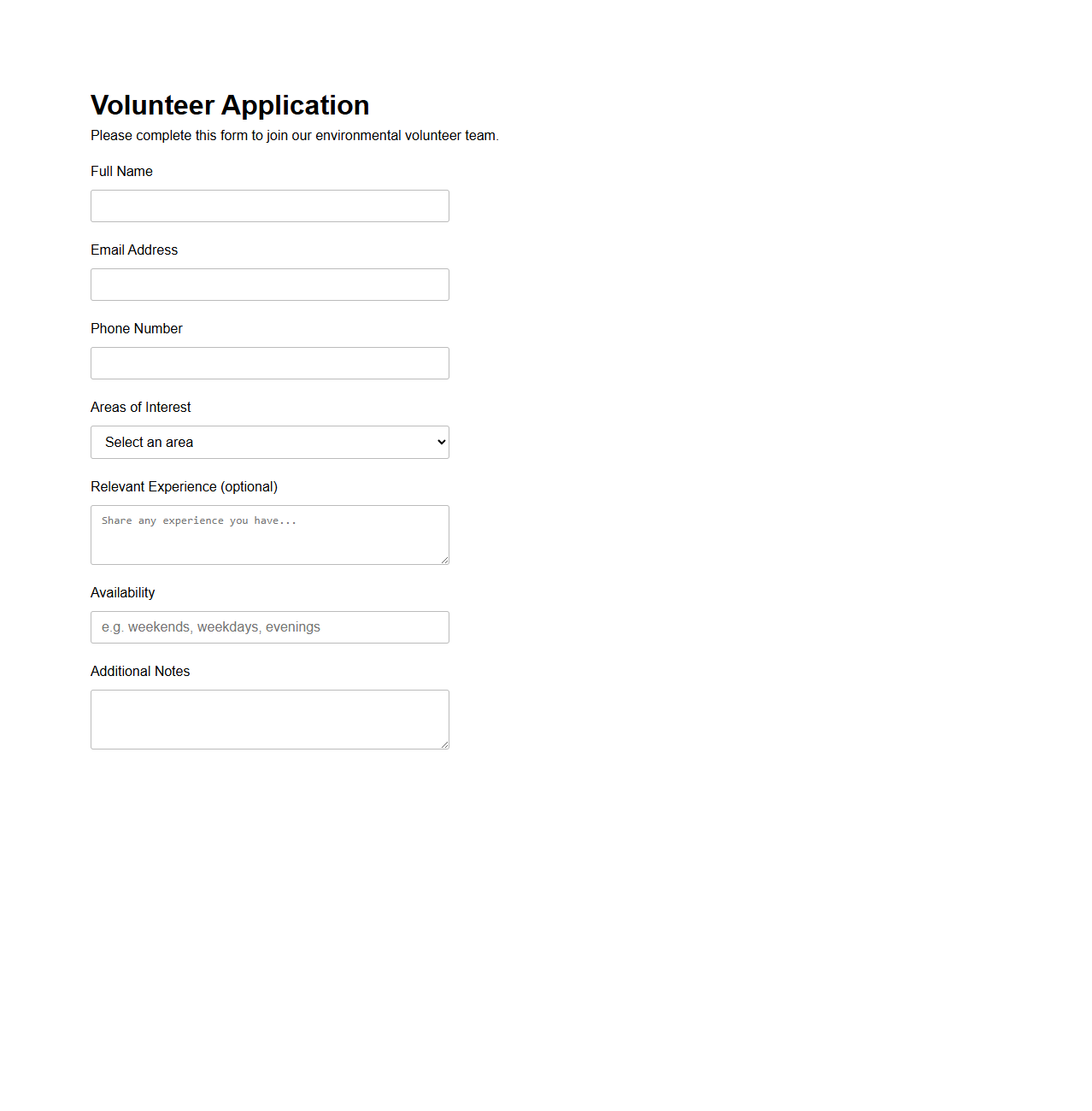 Minimalist Volunteer Application Layout for Environmental Groups