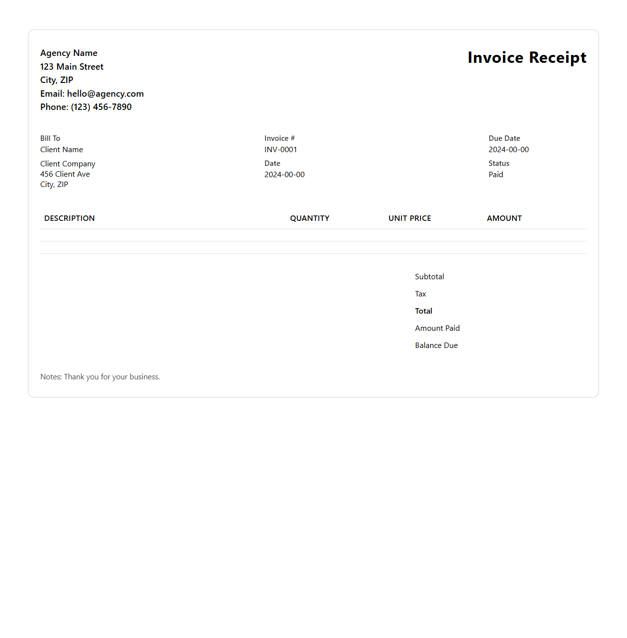 Modern Blank Invoice Receipt Template for Agencies