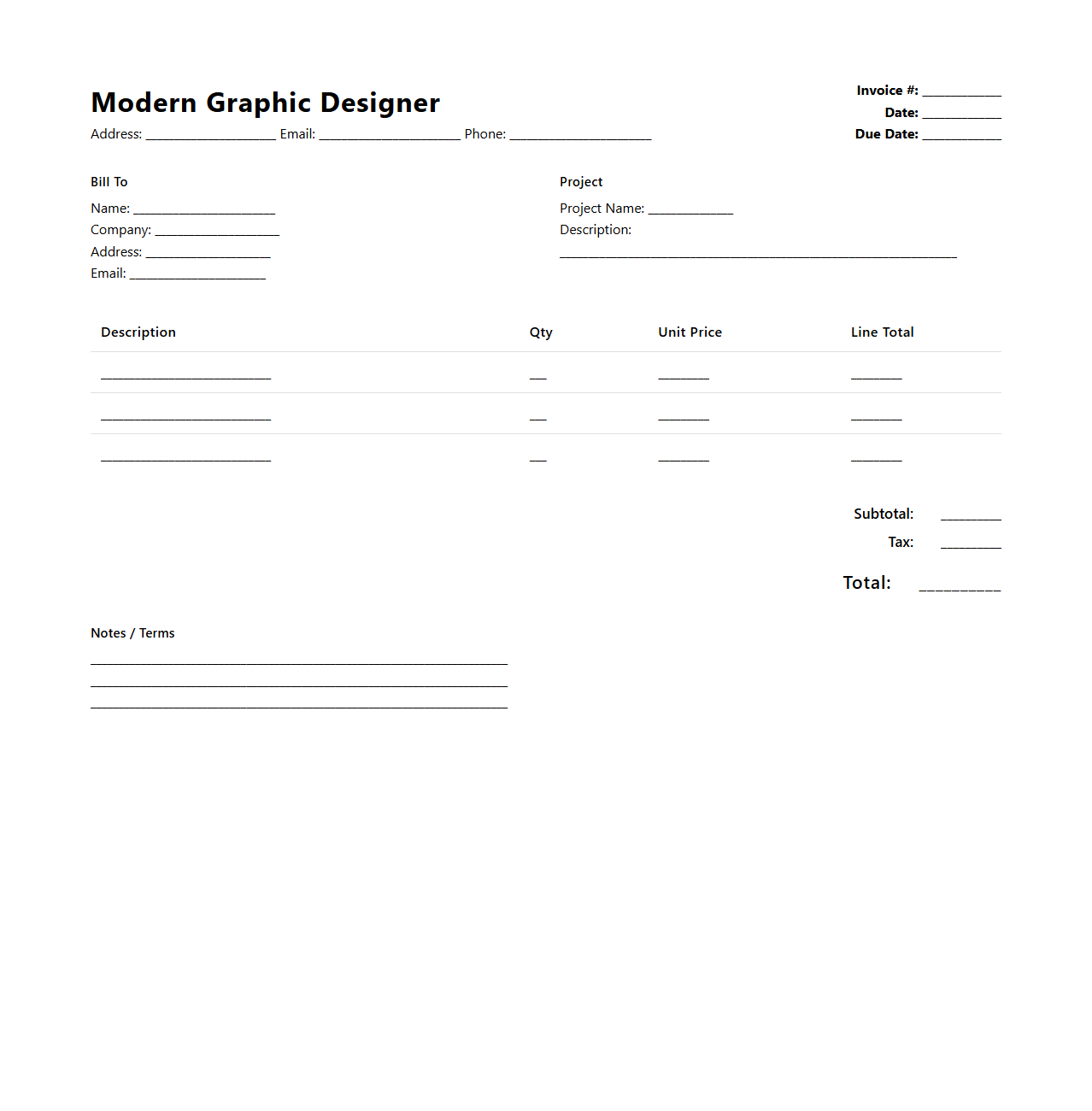 Modern Graphic Designer Invoice Form