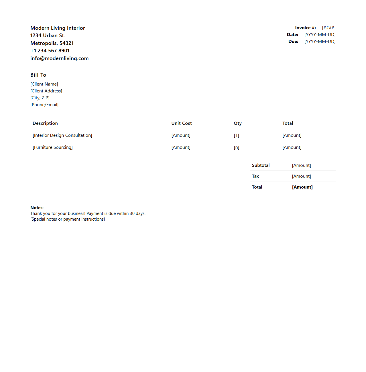 Modern Interior Designer Invoice Sheet