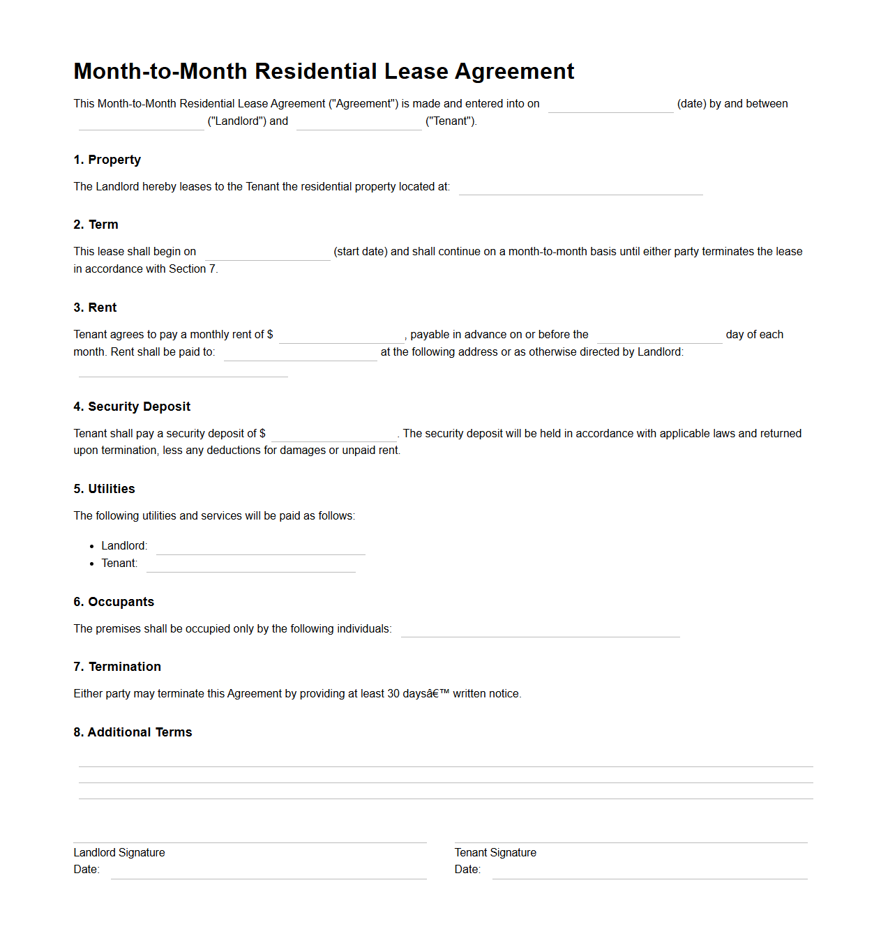 Month-to-Month Residential Lease Template