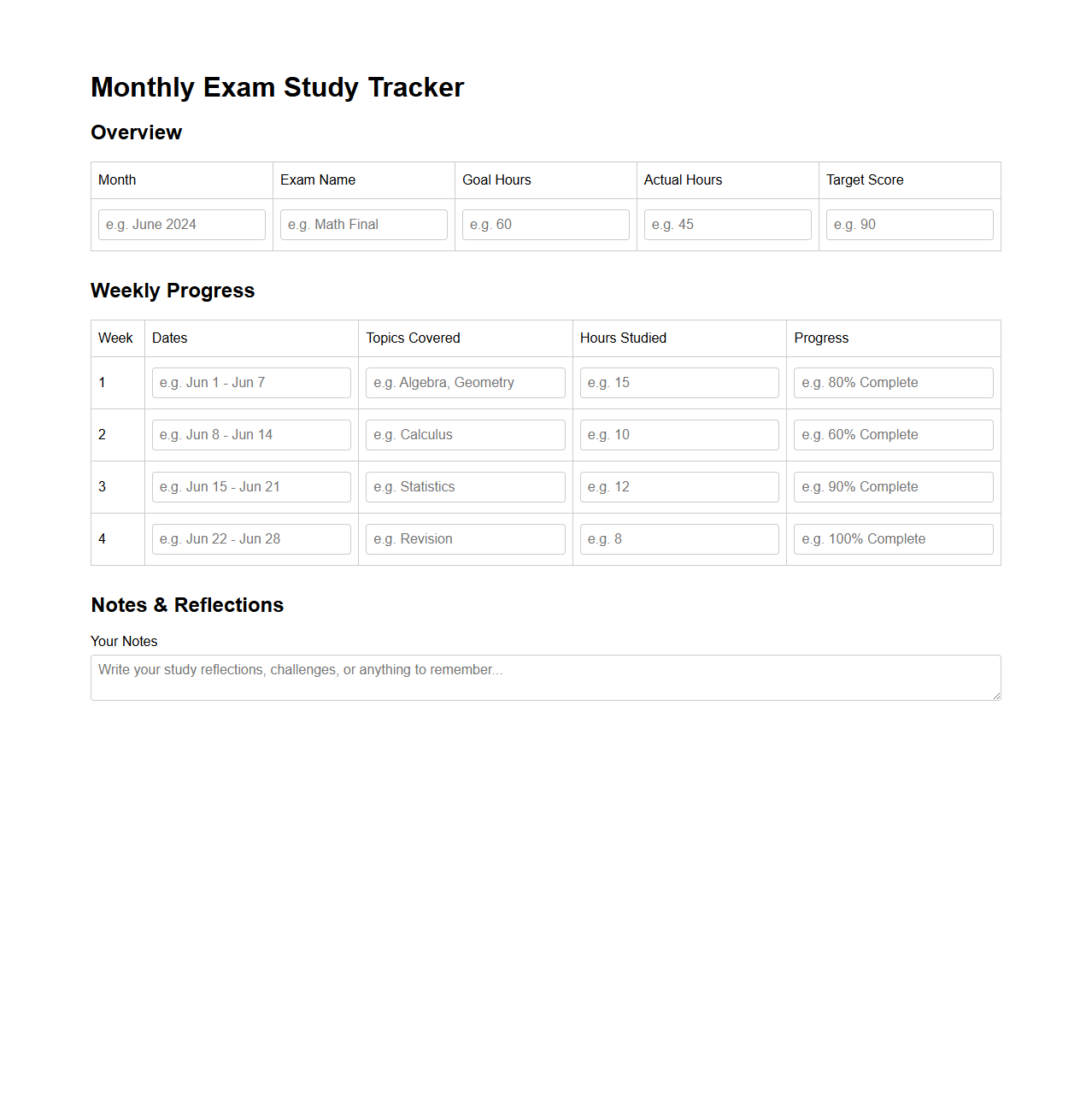 Monthly Exam Study Tracker Page