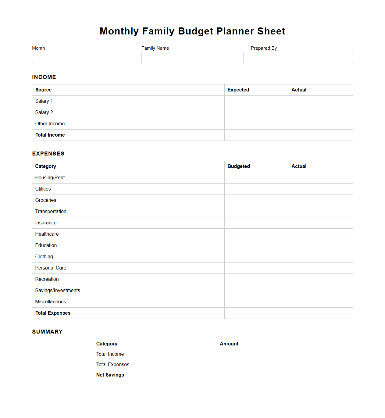 Monthly Family Budget Planner Sheet