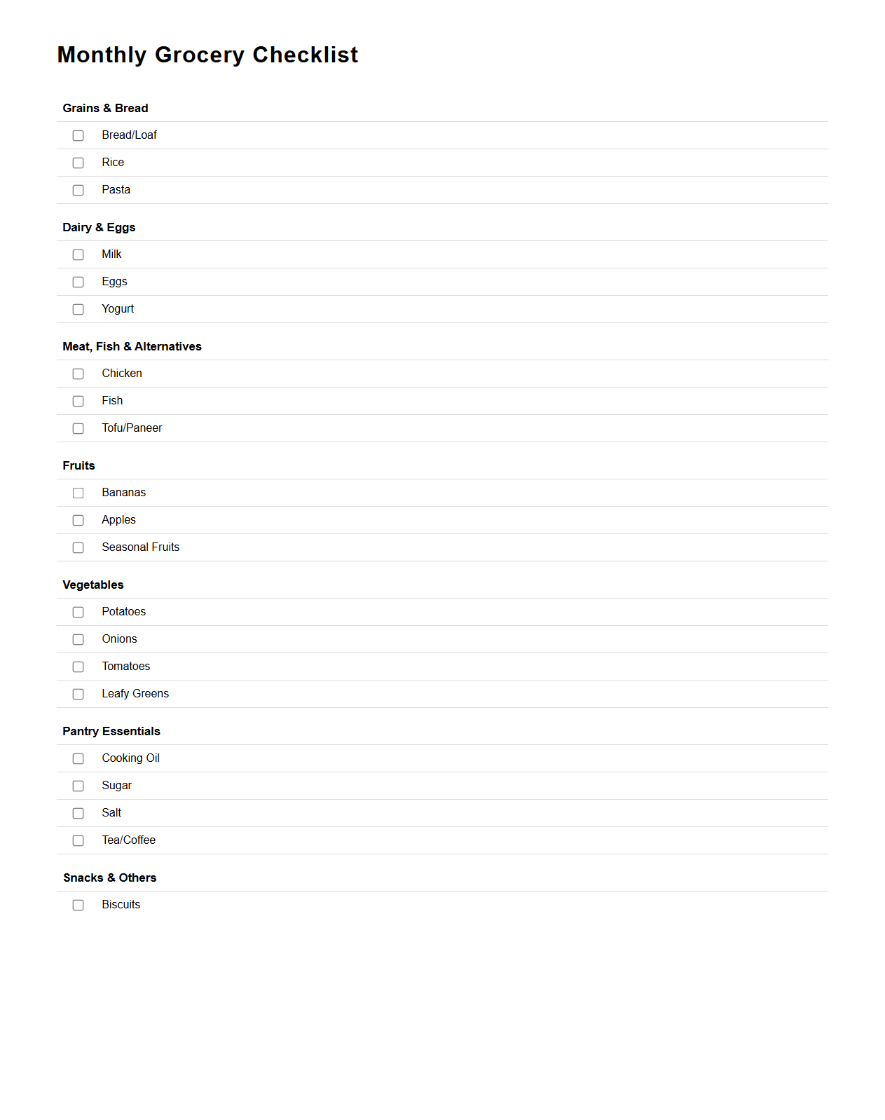 Monthly Grocery Checklist for Households