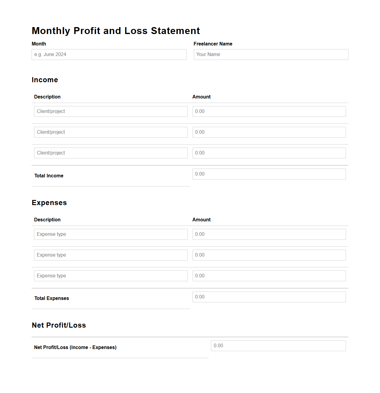 Monthly Profit and Loss Statement Template for Freelancers