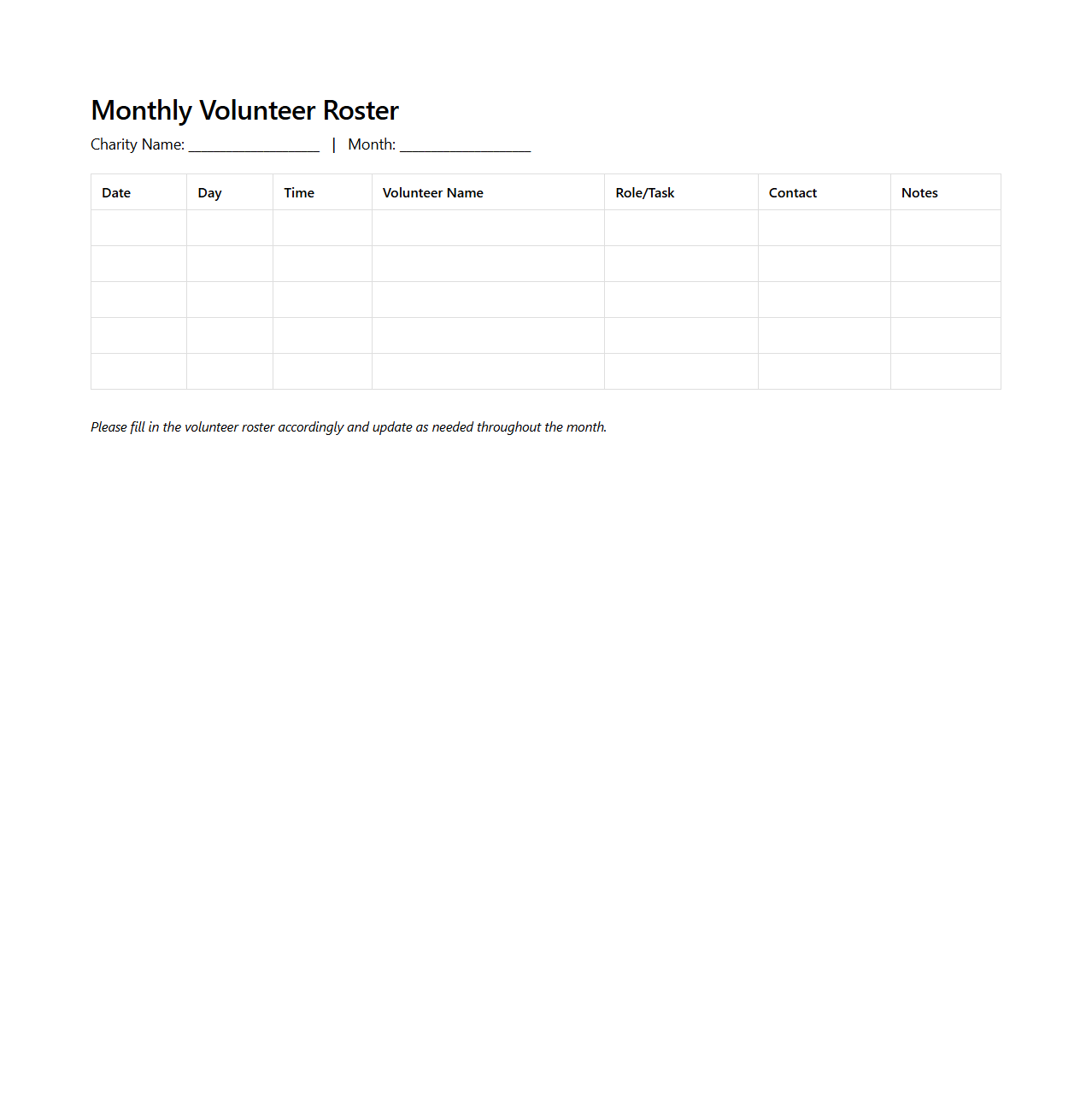 Monthly Volunteer Roster Template for Charities
