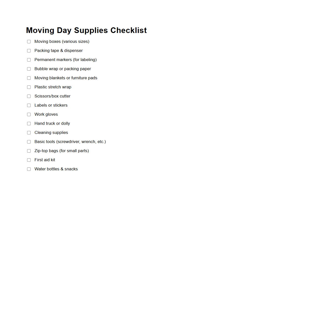 Moving Day Supplies Checklist