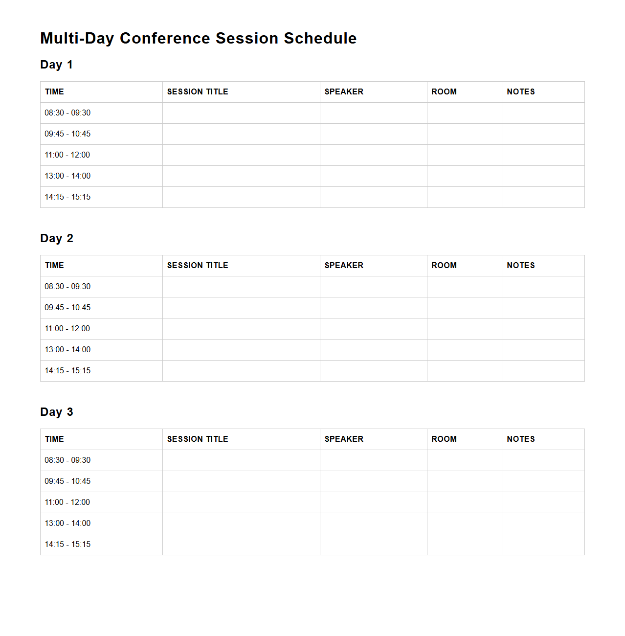 Multi-Day Conference Session Schedule Sheet
