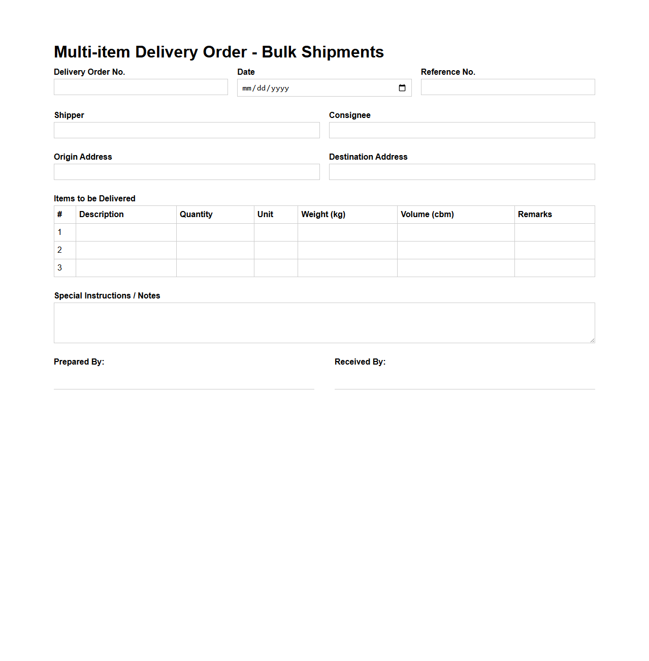 Multi-item Delivery Order Template for Bulk Shipments
