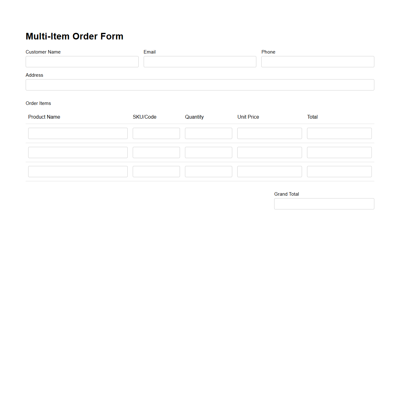 Multi-Item Order Form for Products