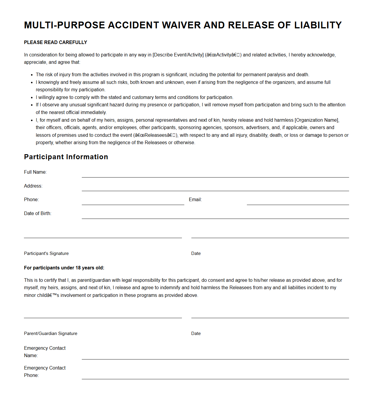 Multi-Purpose Accident Waiver Template