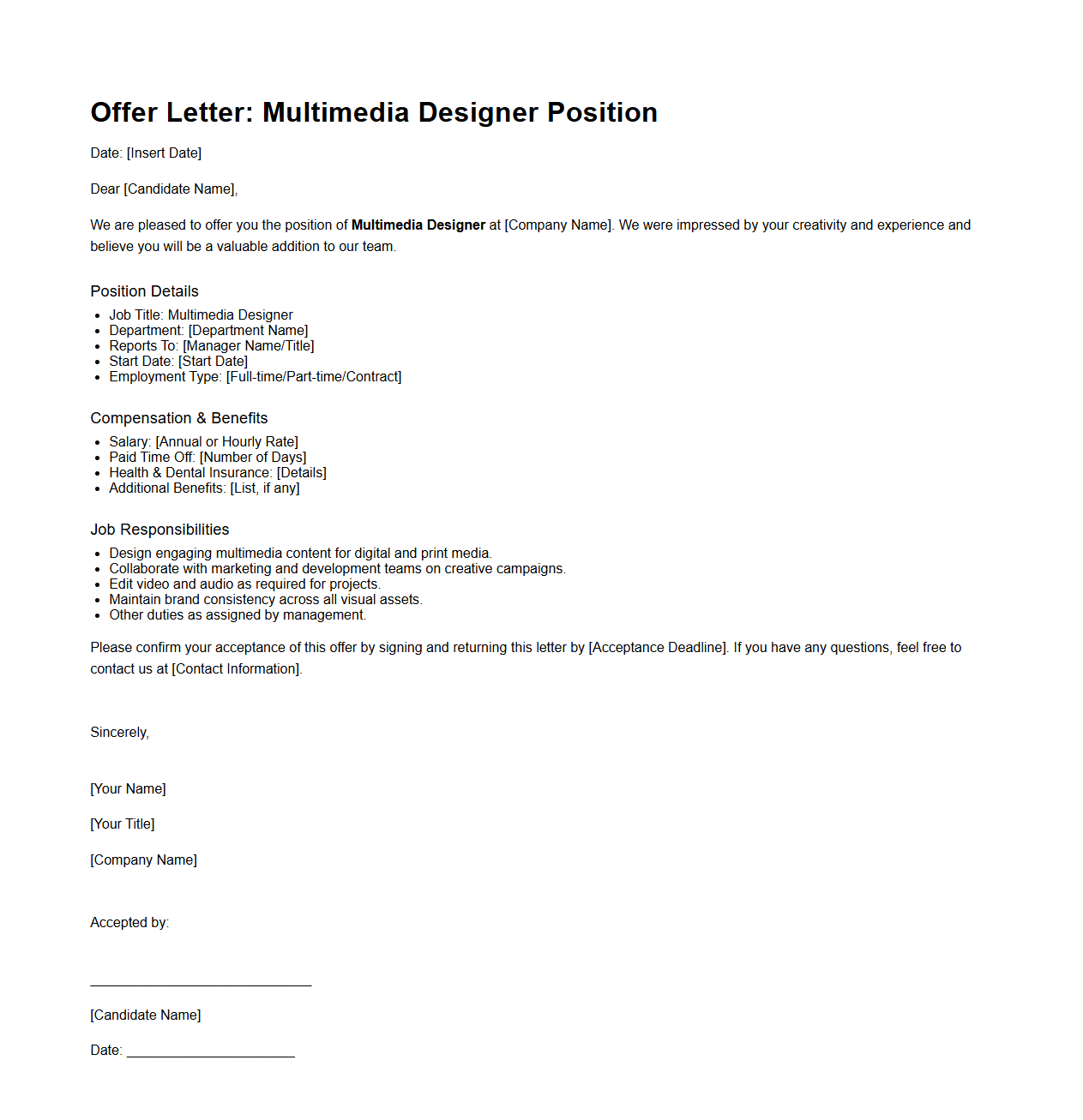 Multimedia Design Offer Letter Example