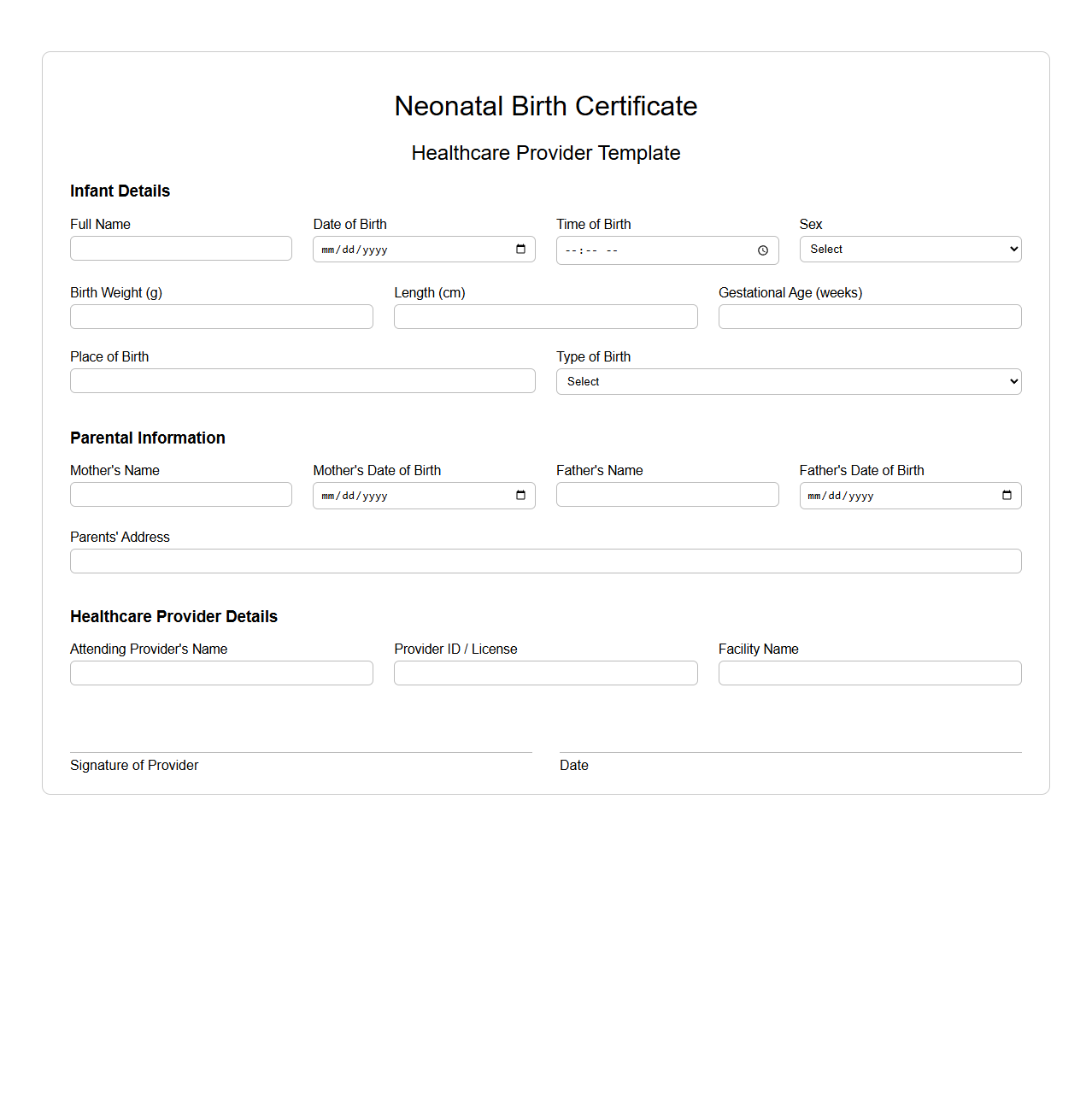 Neonatal Birth Certificate Template for Healthcare Providers