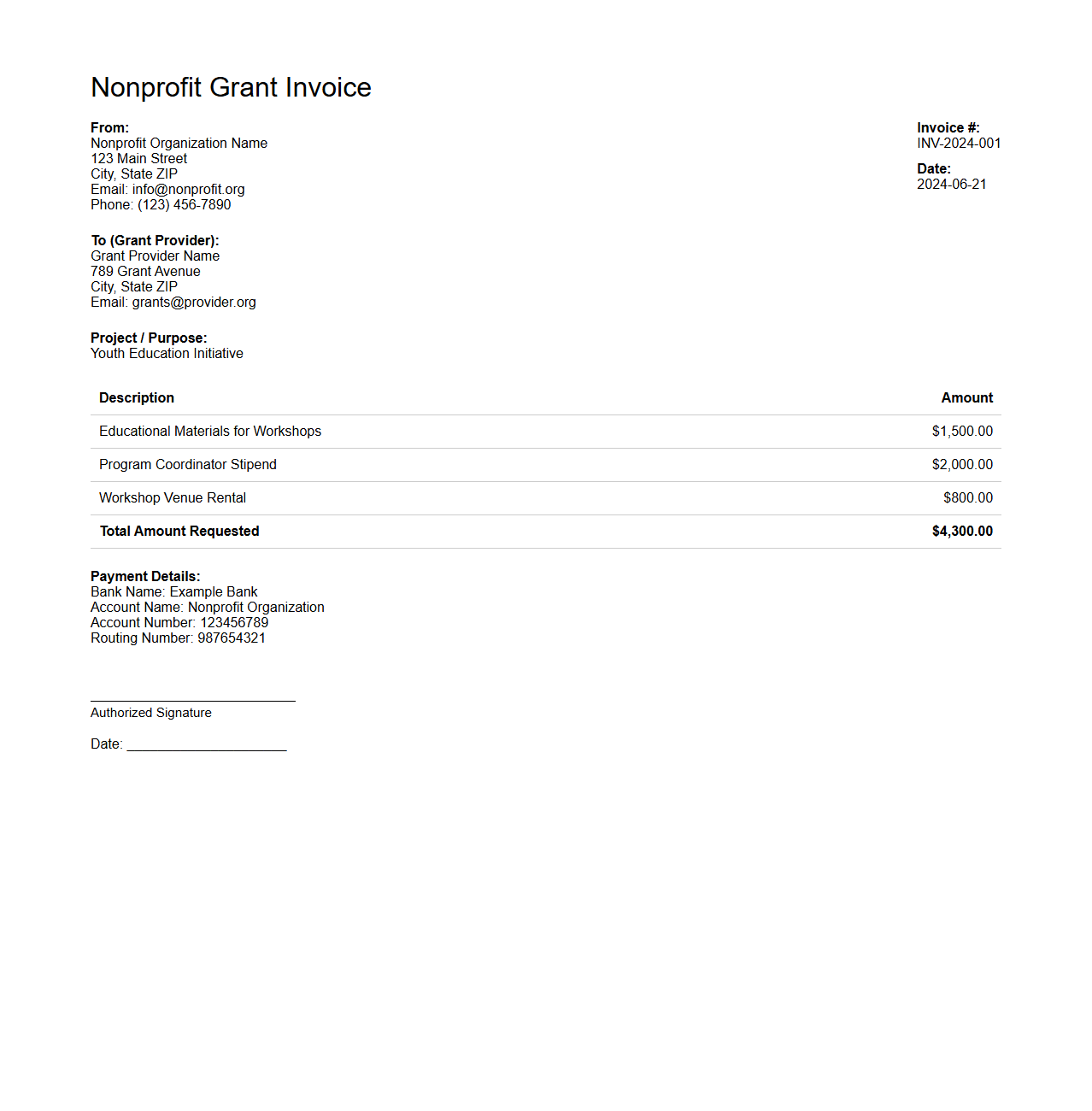 Nonprofit Grant Invoice Sample