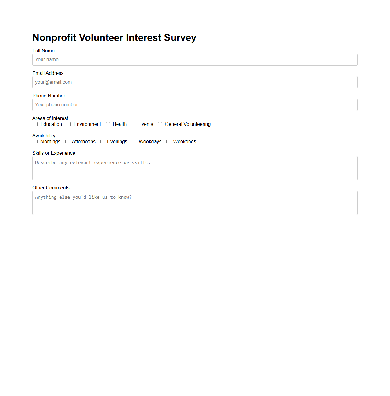 Nonprofit Volunteer Interest Survey Form Template