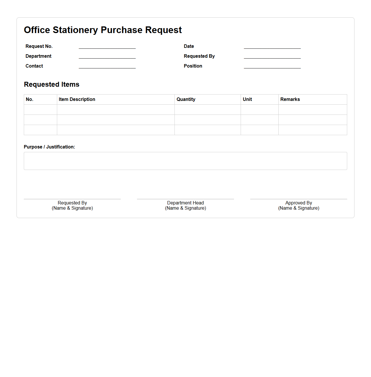 Office Stationery Purchase Request Document