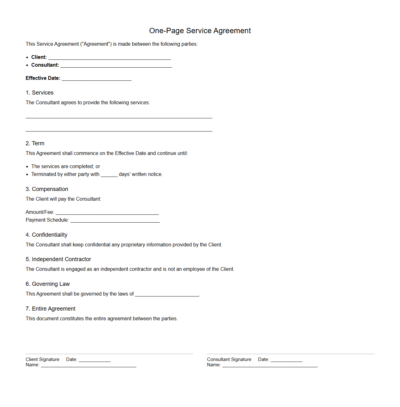 One-Page Service Agreement Sample for Consultants