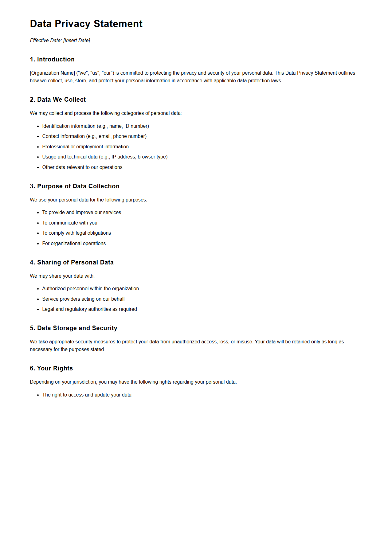 Organizational Data Privacy Statement Template