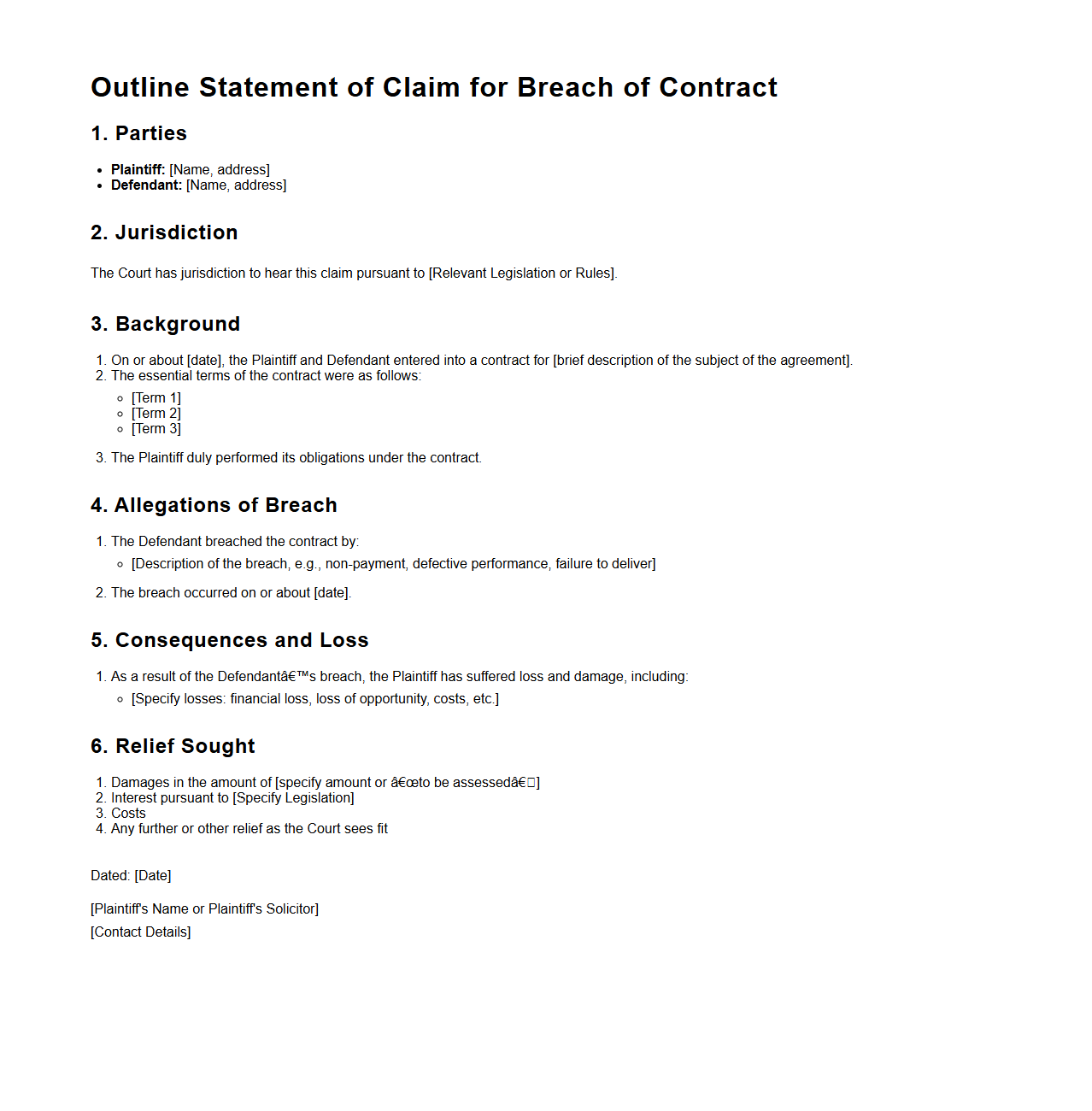 Outline Statement of Claim for Breach of Contract