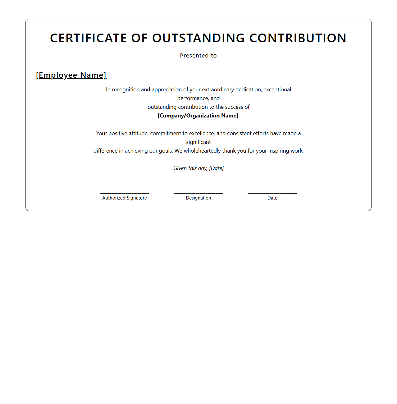 Outstanding Contribution Employee Certificate Format