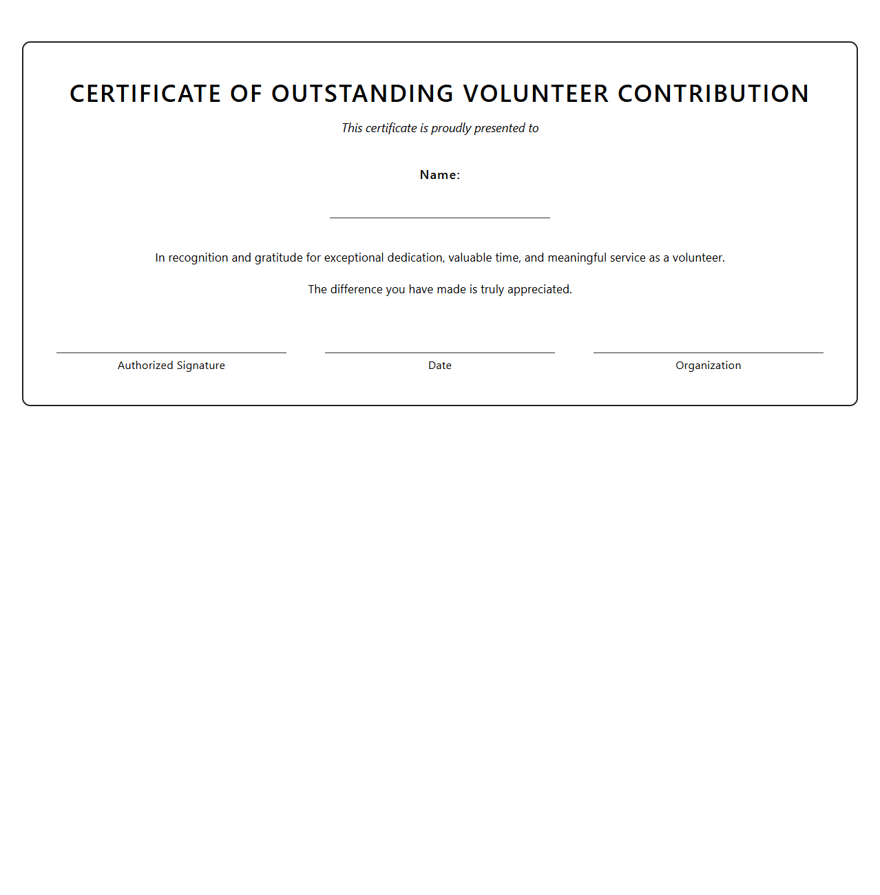 Outstanding Volunteer Contribution Certificate