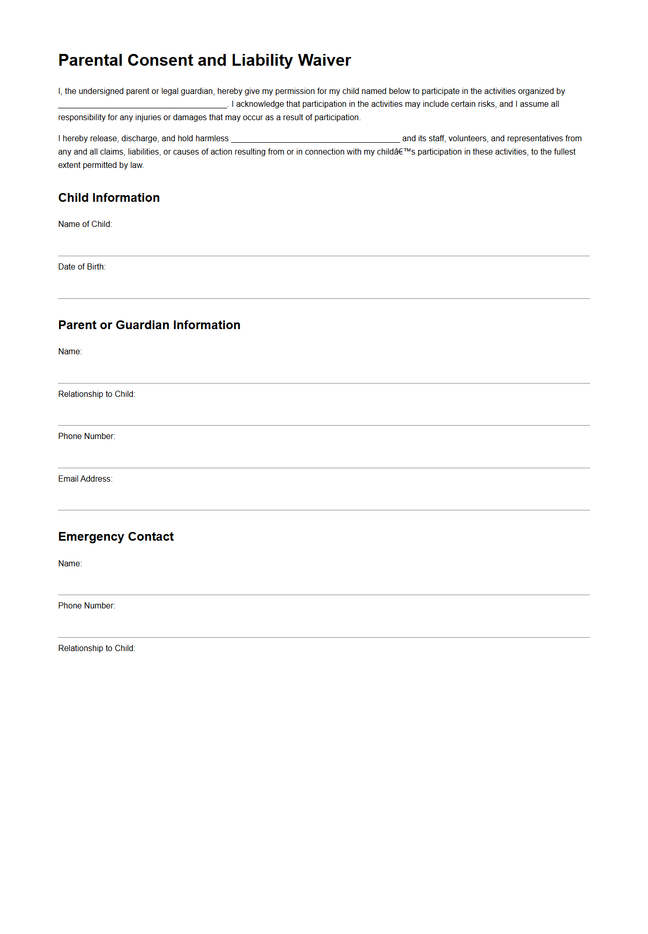 Parental Consent and Liability Waiver