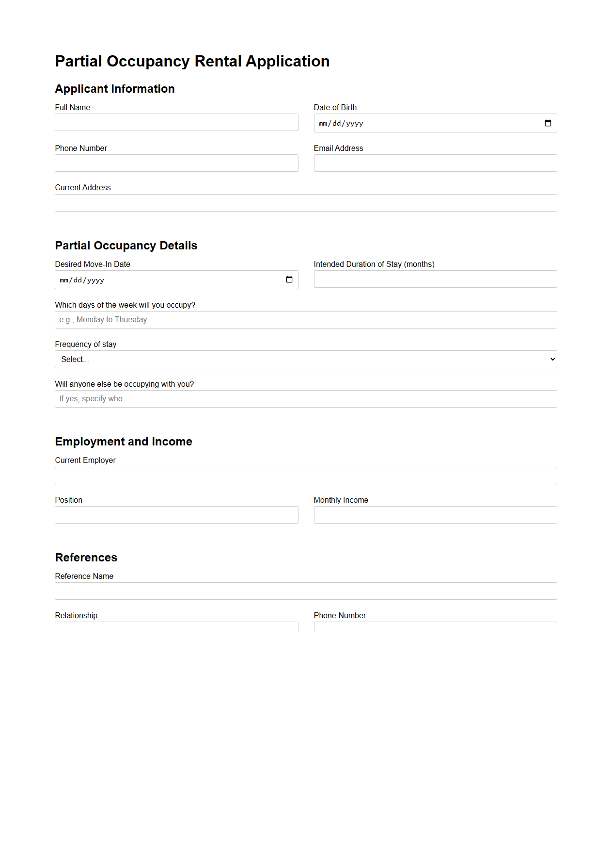 Partial Occupancy Rental Application Template