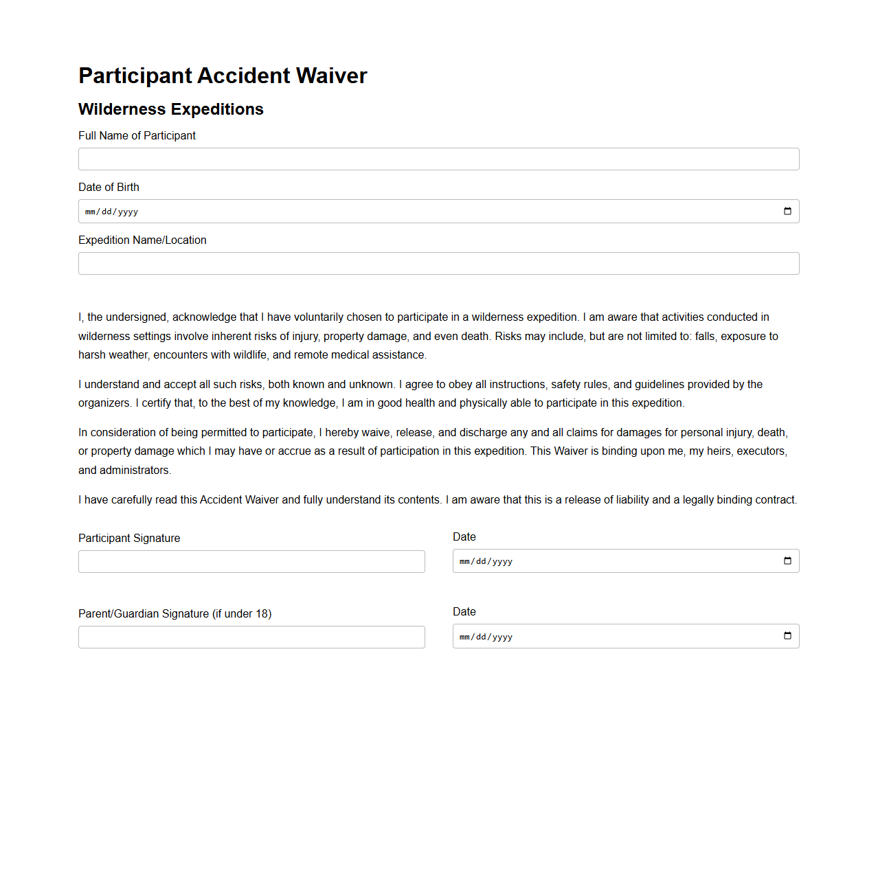 Participant Accident Waiver for Wilderness Expeditions