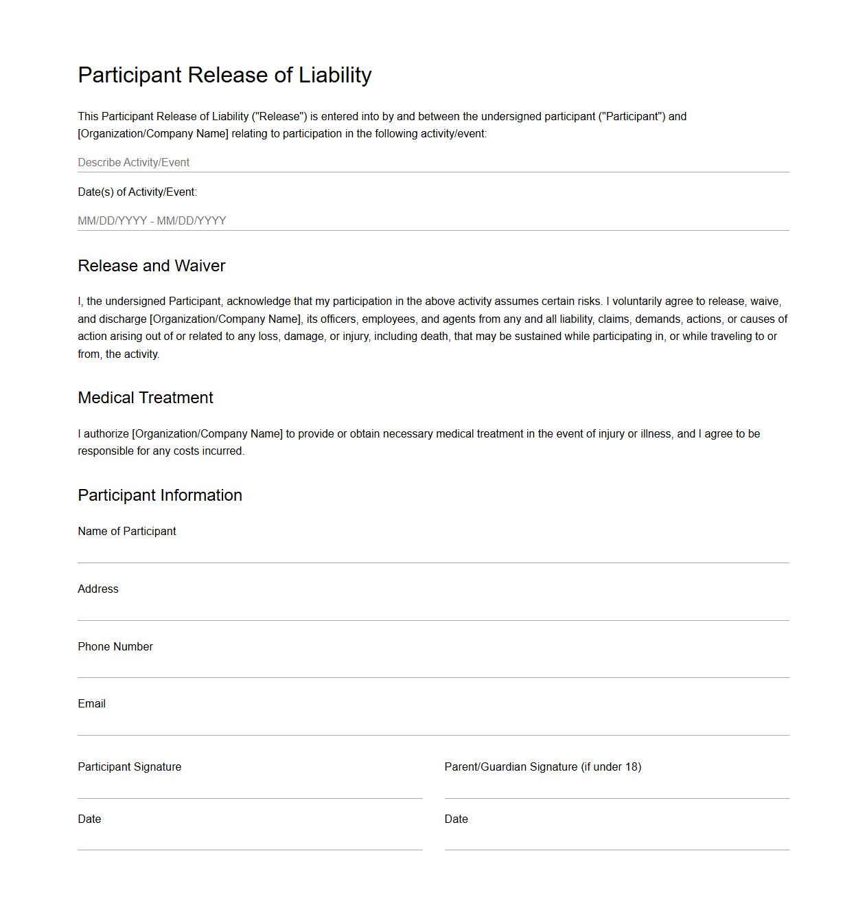 Participant Release of Liability Template