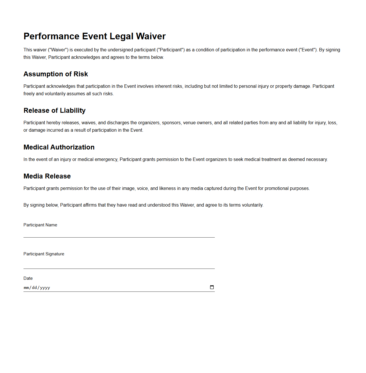 Performance Event Legal Waiver Template